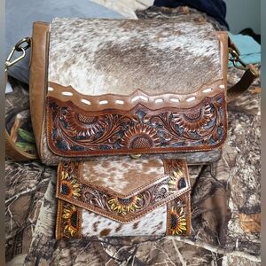 Brown and White Western Style Bag and Wallet Set